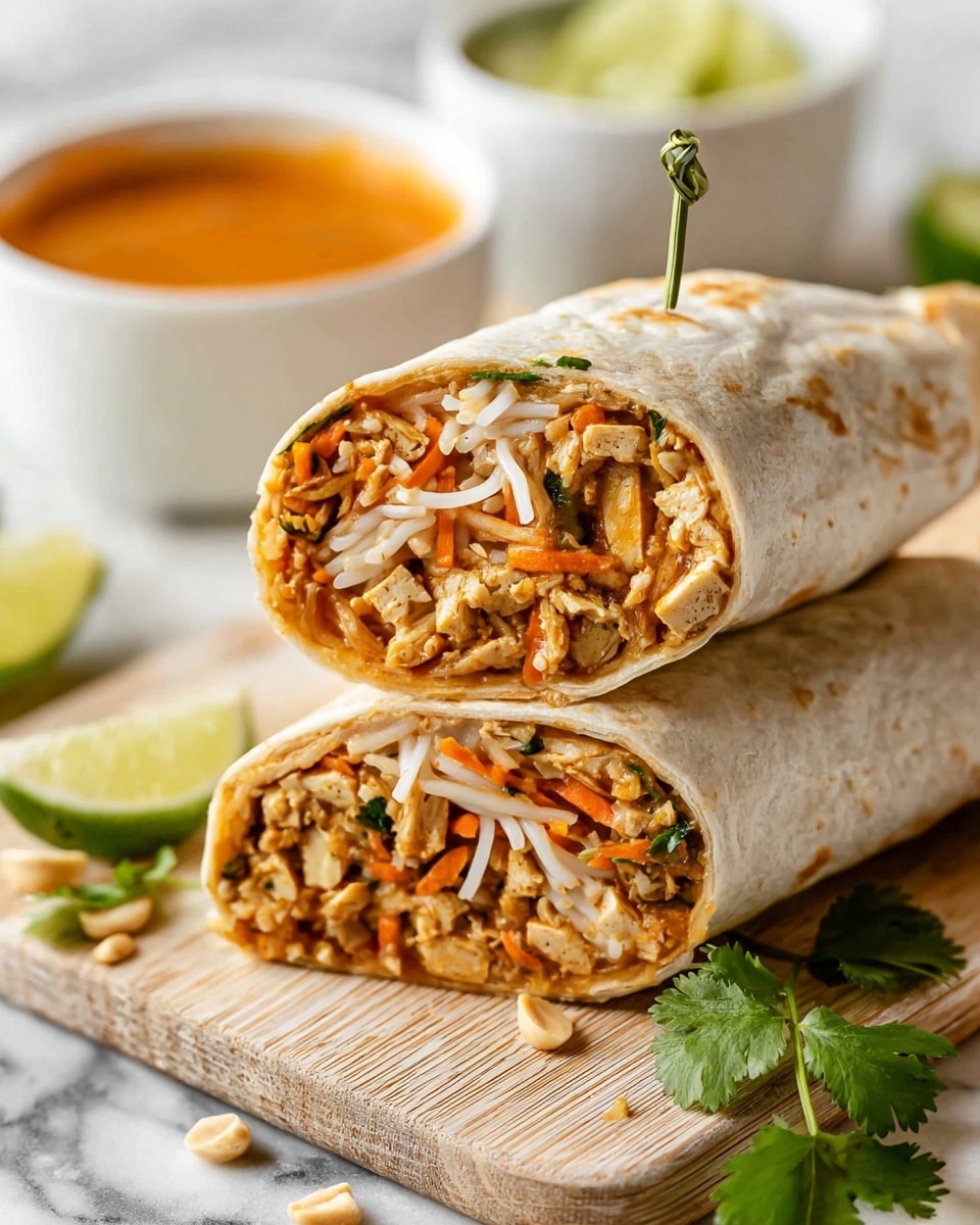 A close-up view of two burrito halves stacked on a light wooden board with a white marbled background. The burrito wrap is light beige and soft, holding three main visible layers inside: a top layer of shredded orange carrots mixed with tofu or chicken pieces, a middle layer of thin white rice noodles, and a bottom layer of crushed light brown peanuts and small green herb bits. The burrito on top is pierced with a light green skewer holding the wrap together. Around the burrito on the board are small green cilantro leaves and a lime wedge. In the background, there is a white bowl filled with a smooth orange sauce and another white bowl with two lime wedges. Photo taken with an iphone --ar 4:5 --v 7