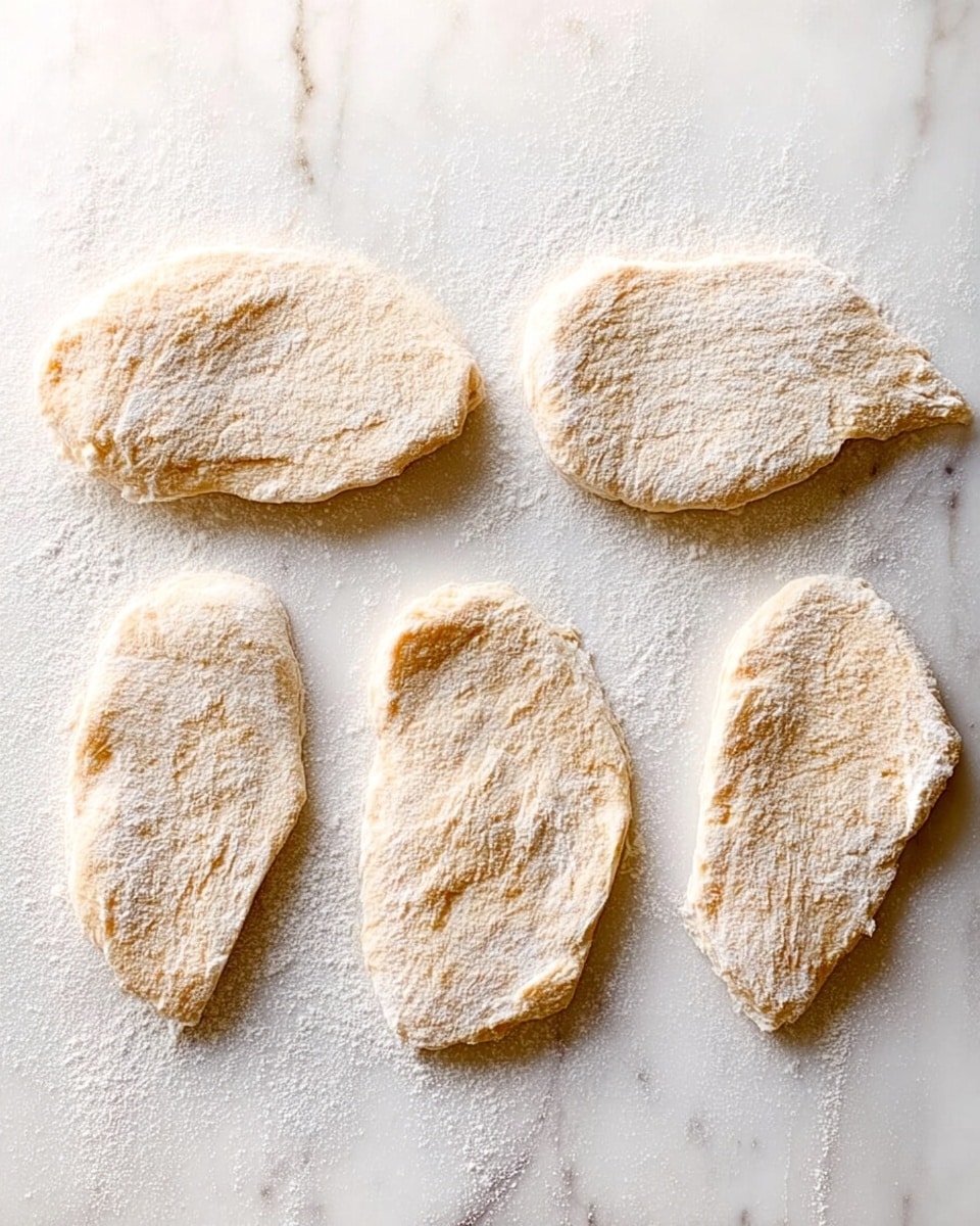 Four raw pieces of flattened dough are laid out side by side on a white marbled surface. Each piece is covered lightly with flour, giving them a dusty, powdery look. The dough pieces vary slightly in shape but all have an oval form with soft, uneven edges. The texture of the dough looks smooth but with some visible indentations from being pressed. There are no other objects in the image. photo taken with an iphone --ar 4:5 --v 7