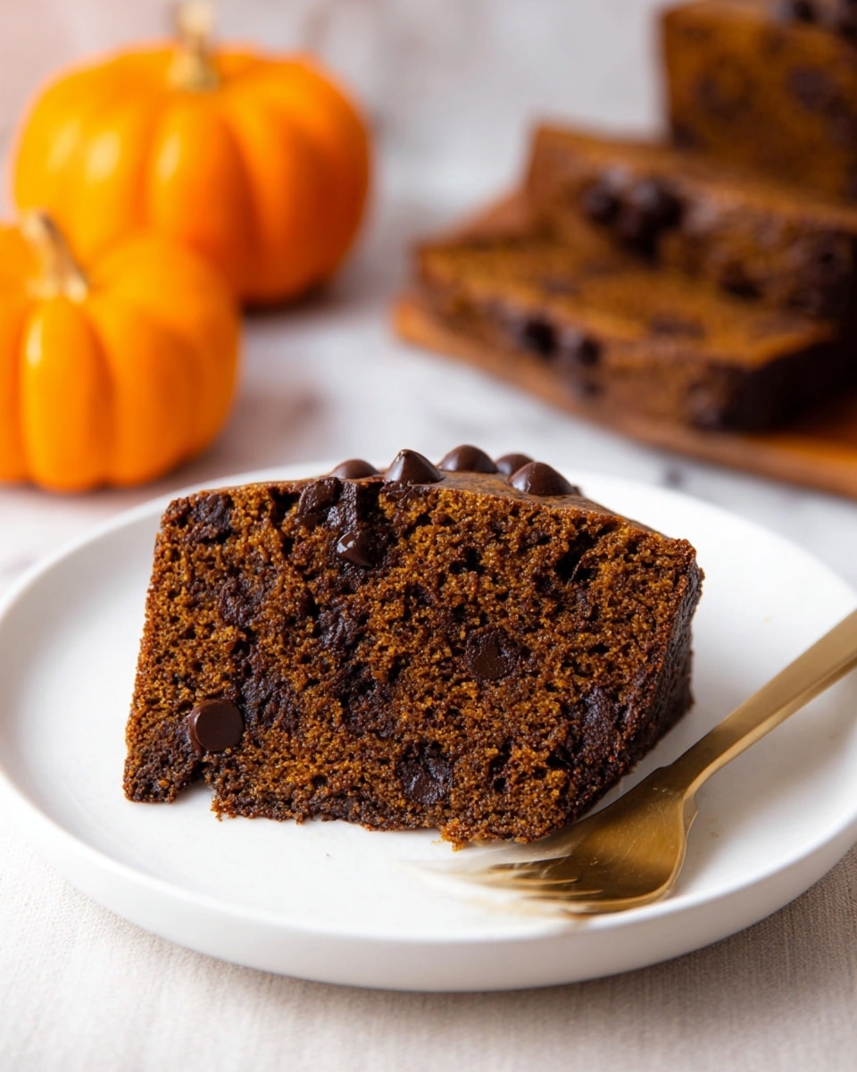 A single slice of dark brown chocolate chip cake sits on a white plate, showing a moist and dense texture filled with visible chocolate chips spread throughout the cake, including some melting slightly along the bottom edge. A gold fork rests beside the cake on the plate. The background features a white marbled texture surface with two small orange pumpkins on the left side and additional slices of the same cake slightly blurred in the back. Photo taken with an iphone --ar 4:5 --v 7